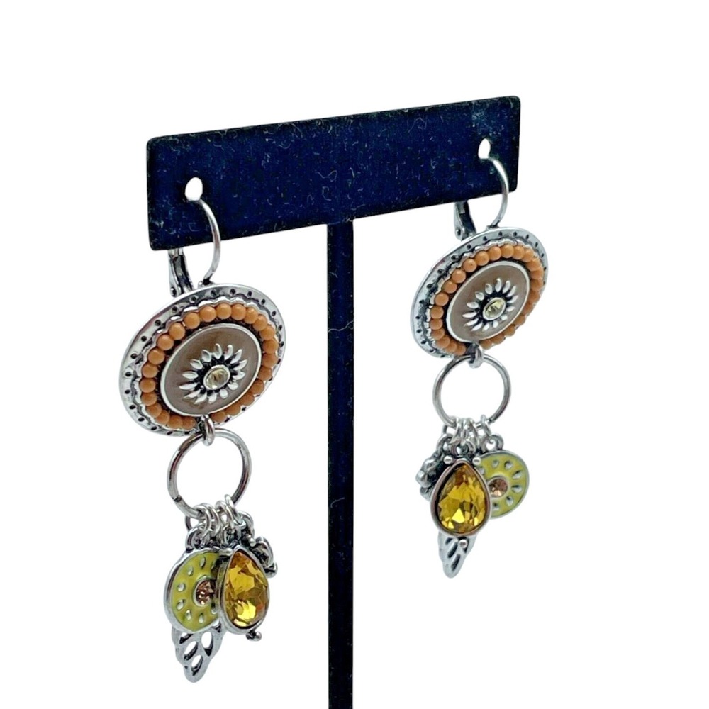 Tribal Celestial Charms Style Silver Tone Amber Dangle Drop Pierced Earrings - Picture 12 of 16